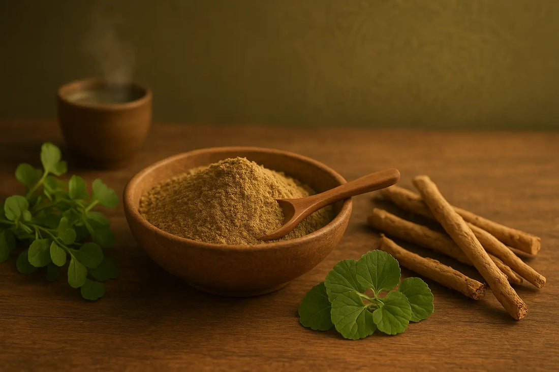 A wooden bowl filled with Ayurvedic herbal powder, surrounded by Brahmi leaves, Ashwagandha roots, and Gotu Kola leaves on a natural wooden surface, with warm morning light and subtle mandala patterns in the background.