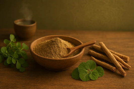 A wooden bowl filled with Ayurvedic herbal powder, surrounded by Brahmi leaves, Ashwagandha roots, and Gotu Kola leaves on a natural wooden surface, with warm morning light and subtle mandala patterns in the background.