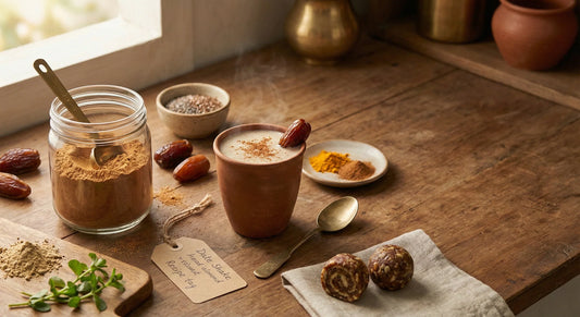 A photorealistic close-up of a glass jar of finely milled date powder with a brass spoon, a steaming date shake in a clay cup, and Ayurvedic herbs like Brahmi and Ashwagandha on a rustic wooden countertop in soft morning light.