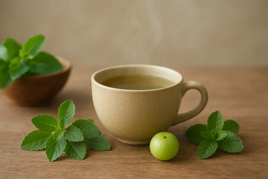 A steaming cup of Ayurvedic herbal tea on a wooden table, surrounded by fresh Tulsi leaves, Amla fruit, and mint sprigs, softly lit by natural morning light.