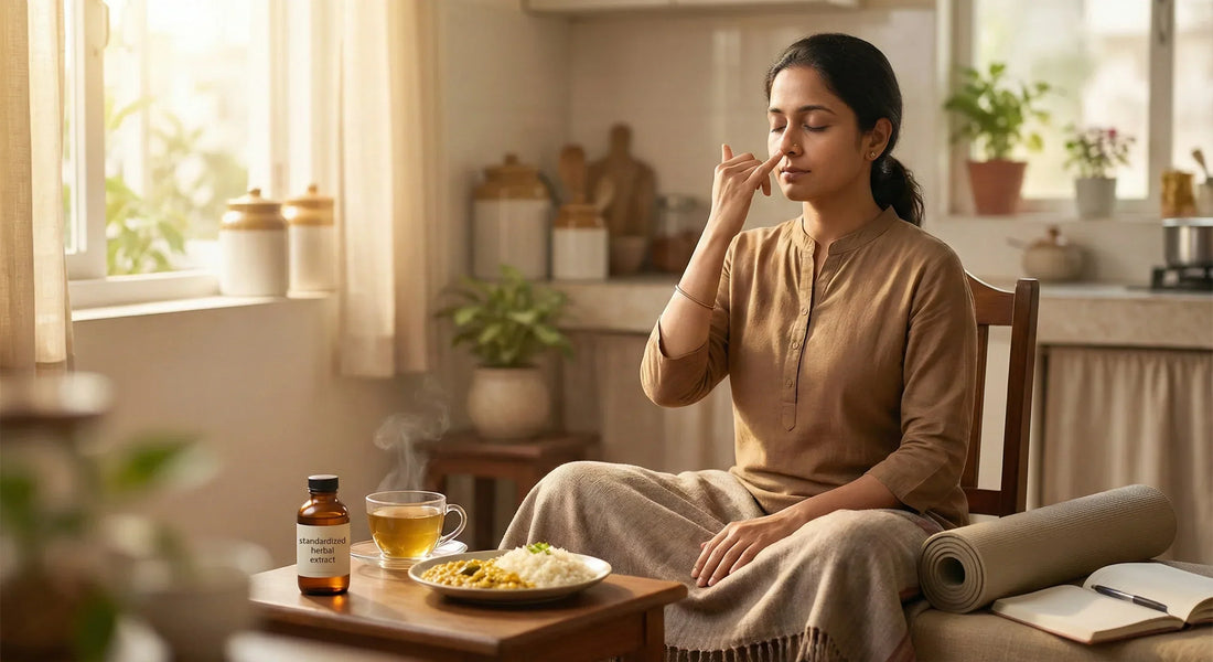 An Indian adult calmly practicing alternate-nostril breathing (pranayama) in a sunlit home setting, featuring herbal tea, a standardized extract bottle, and a healthy meal of rice and dal, representing holistic Ayurvedic support for alcohol recovery.