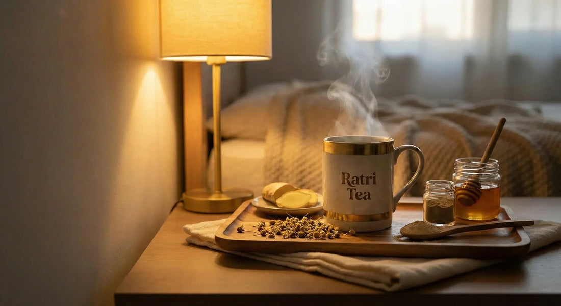 A steaming mug of Ayurvedic Ratri tea on a wooden bedside tray, accompanied by fresh ginger, chamomile flowers, and triphala powder for a nightly detox routine.