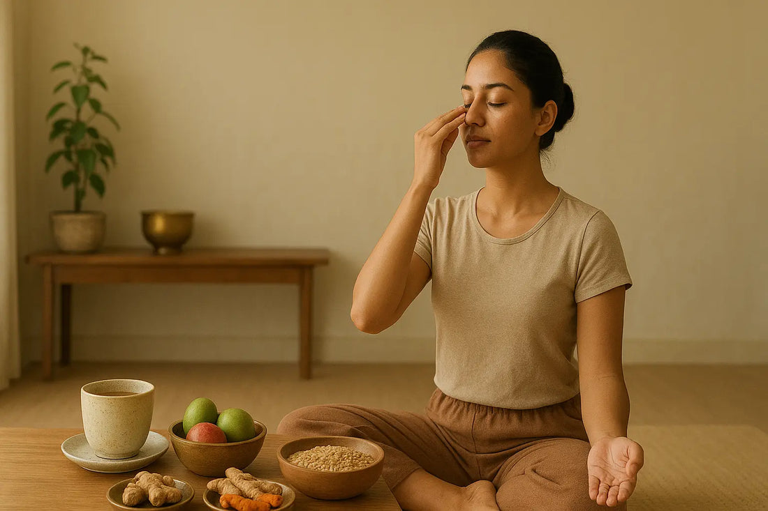 A woman practicing pranayama meditation in a calm, natural Ayurvedic-inspired room, with warm morning light illuminating a table set with herbal tea, fruits, ginger, turmeric, and grains.