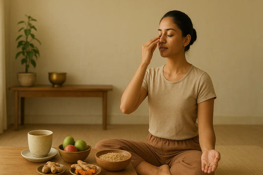 A woman practicing pranayama meditation in a calm, natural Ayurvedic-inspired room, with warm morning light illuminating a table set with herbal tea, fruits, ginger, turmeric, and grains.