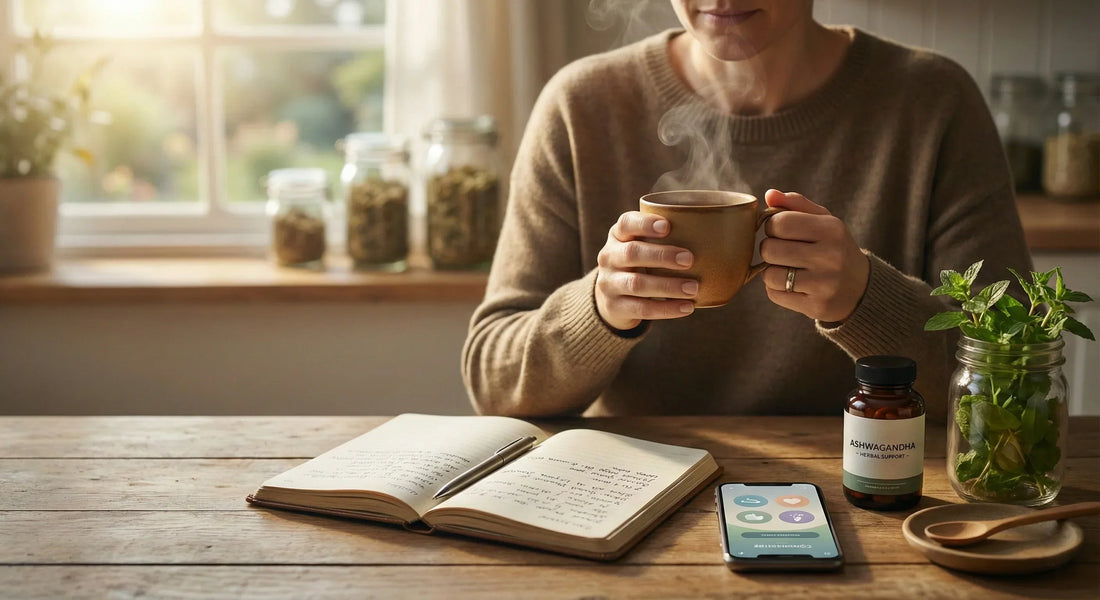 A person holding a steaming cup of herbal tea at a sunlit wooden table, accompanied by a journaling notebook, an Ashwagandha supplement bottle, and fresh Tulsi leaves, illustrating a natural and supportive morning routine for tobacco cessation.