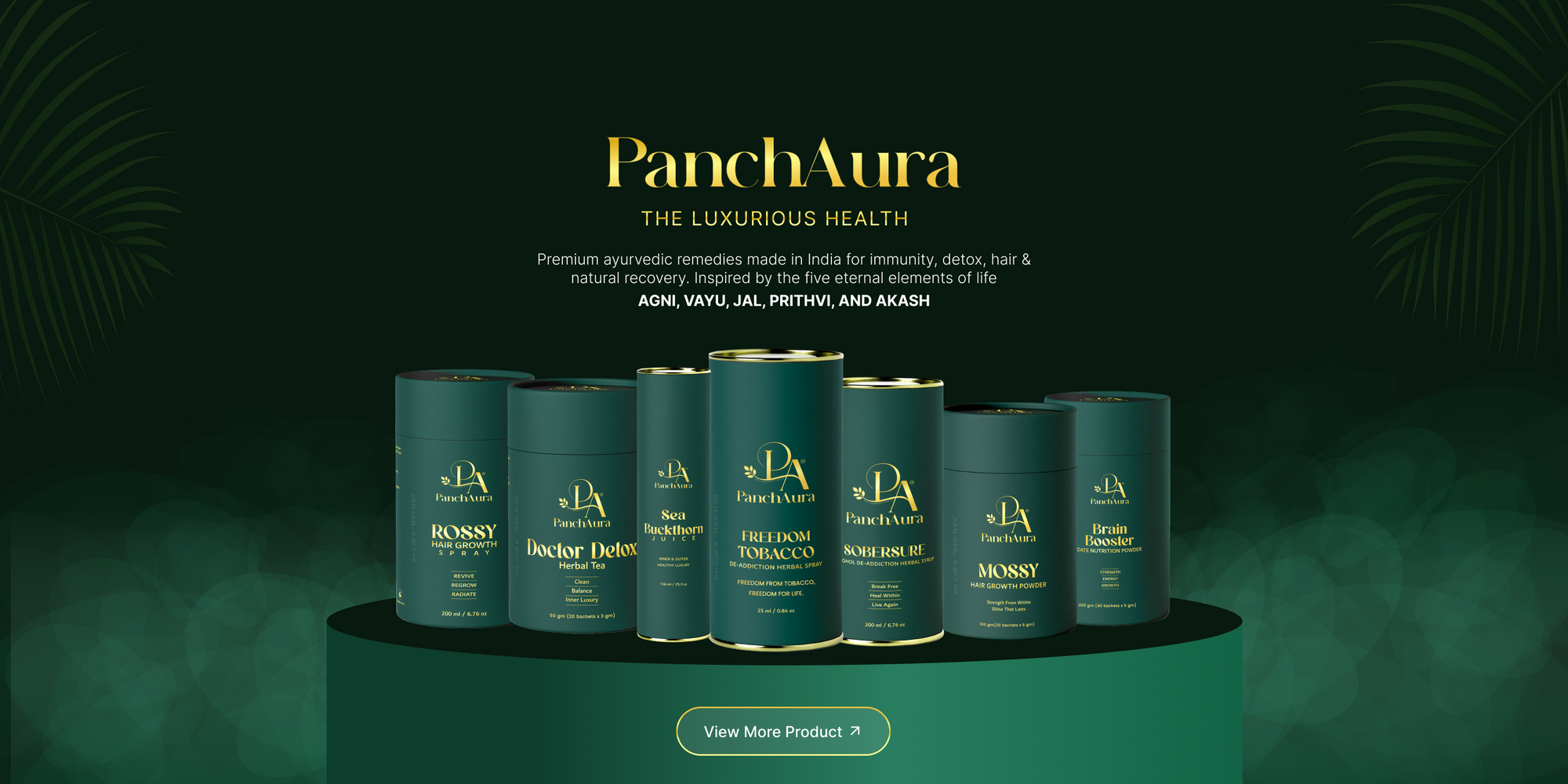 PanchAura product lineup on a dark green background with brand name displayed.