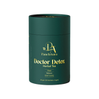 Green cylindrical container of PanchAura Doctor Detox Herbal Tea on a white background