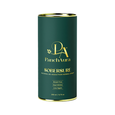 Green cylindrical container with gold lid labeled 'PanchAura SoberSure' on a white background